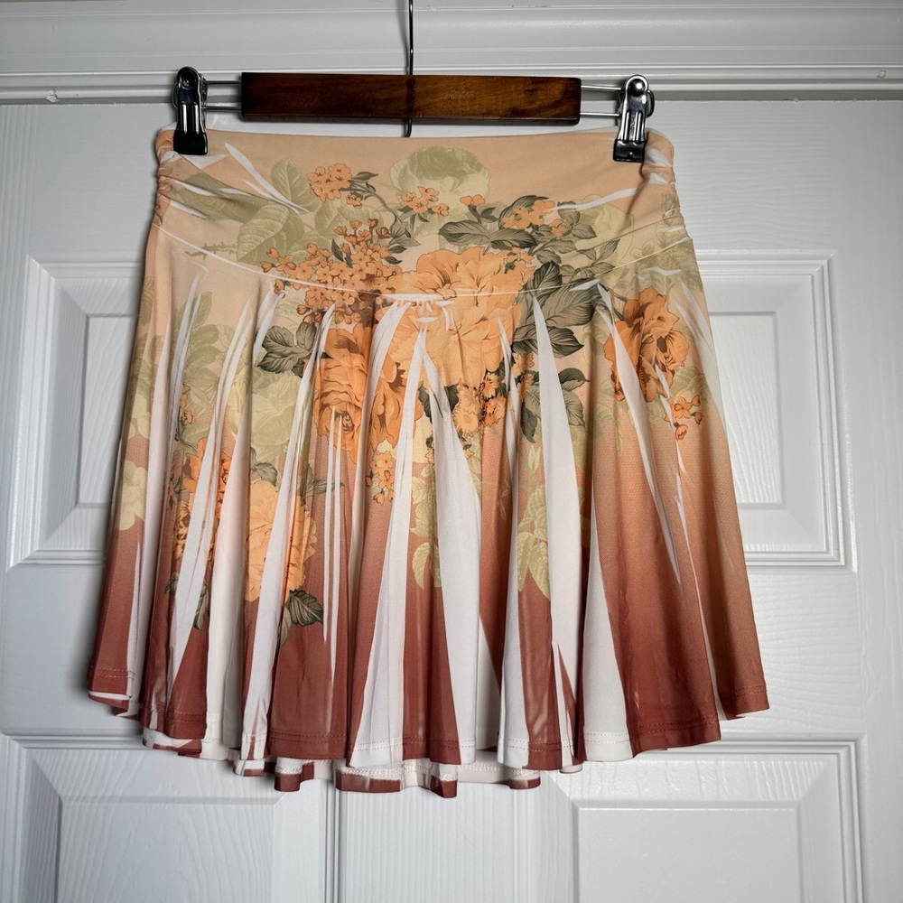 Brown & Orange Stretchy Flowy Pleated Floral Mini Skirt Boho Summer